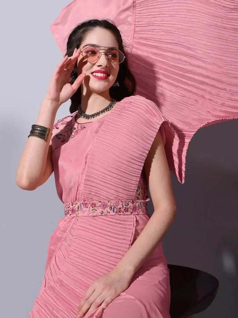 Endearing Pink Chinon Bollywood Crushed Saree With Blouse