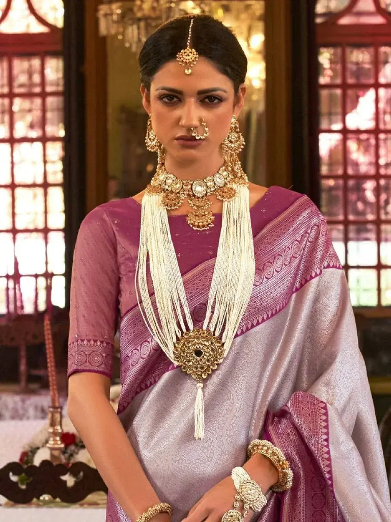 Fascinating Silver Heavy Weaving Kanjivaram Silk Wedding Wear Saree