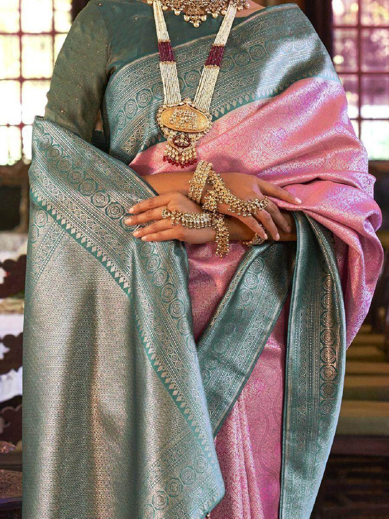 Mesmerizing Pink Heavy Woven Kanjivaram Silk Festive Wear Saree