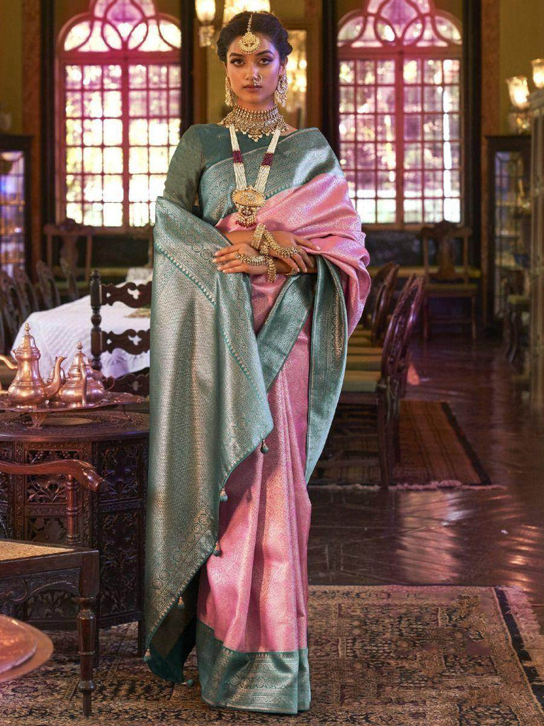 Mesmerizing Pink Heavy Woven Kanjivaram Silk Festive Wear Saree