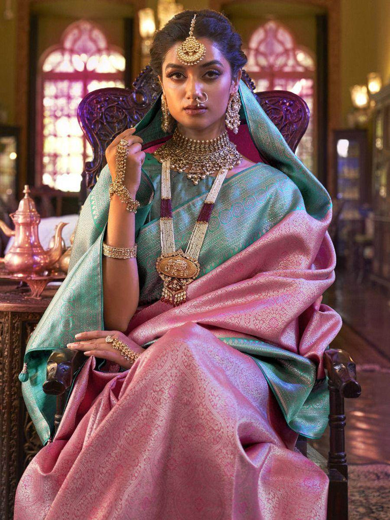 Mesmerizing Pink Heavy Woven Kanjivaram Silk Festive Wear Saree