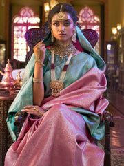 Mesmerizing Pink Heavy Woven Kanjivaram Silk Festive Wear Saree