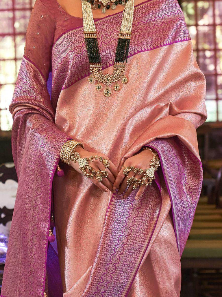 Beautiful Peach Zari Weaving Kanjivaram Silk Engagement Wear Saree
