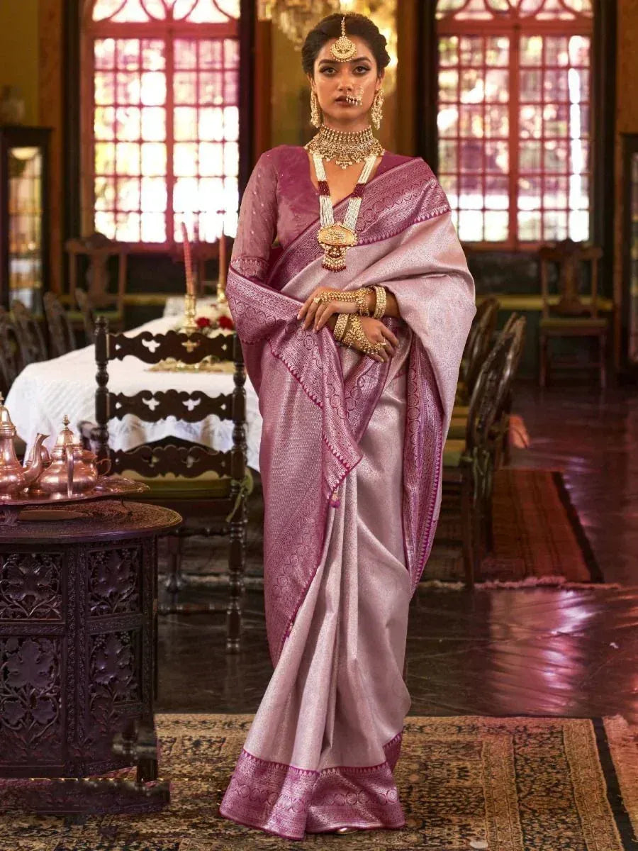 Prodigious Light Pink Heavy Weaving Kanjivaram Silk Event Wear Saree