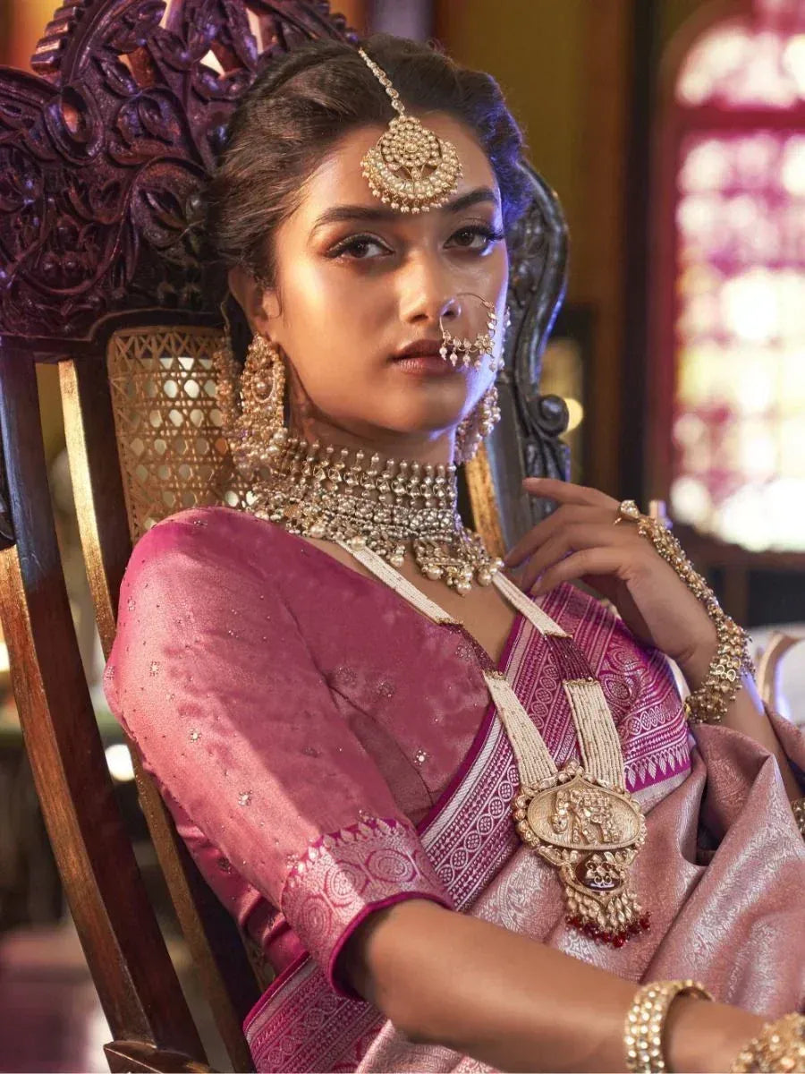 Prodigious Light Pink Heavy Weaving Kanjivaram Silk Event Wear Saree