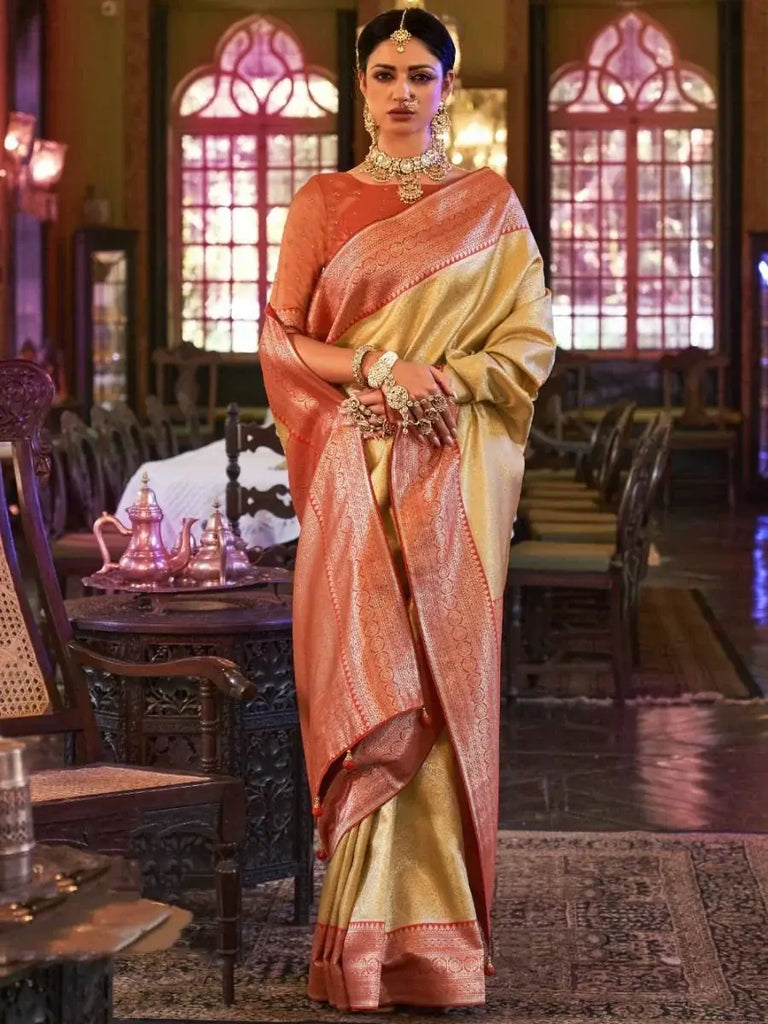 Marvelous Yellow Zari Woven kanjivaram Silk Haldi Wear Saree