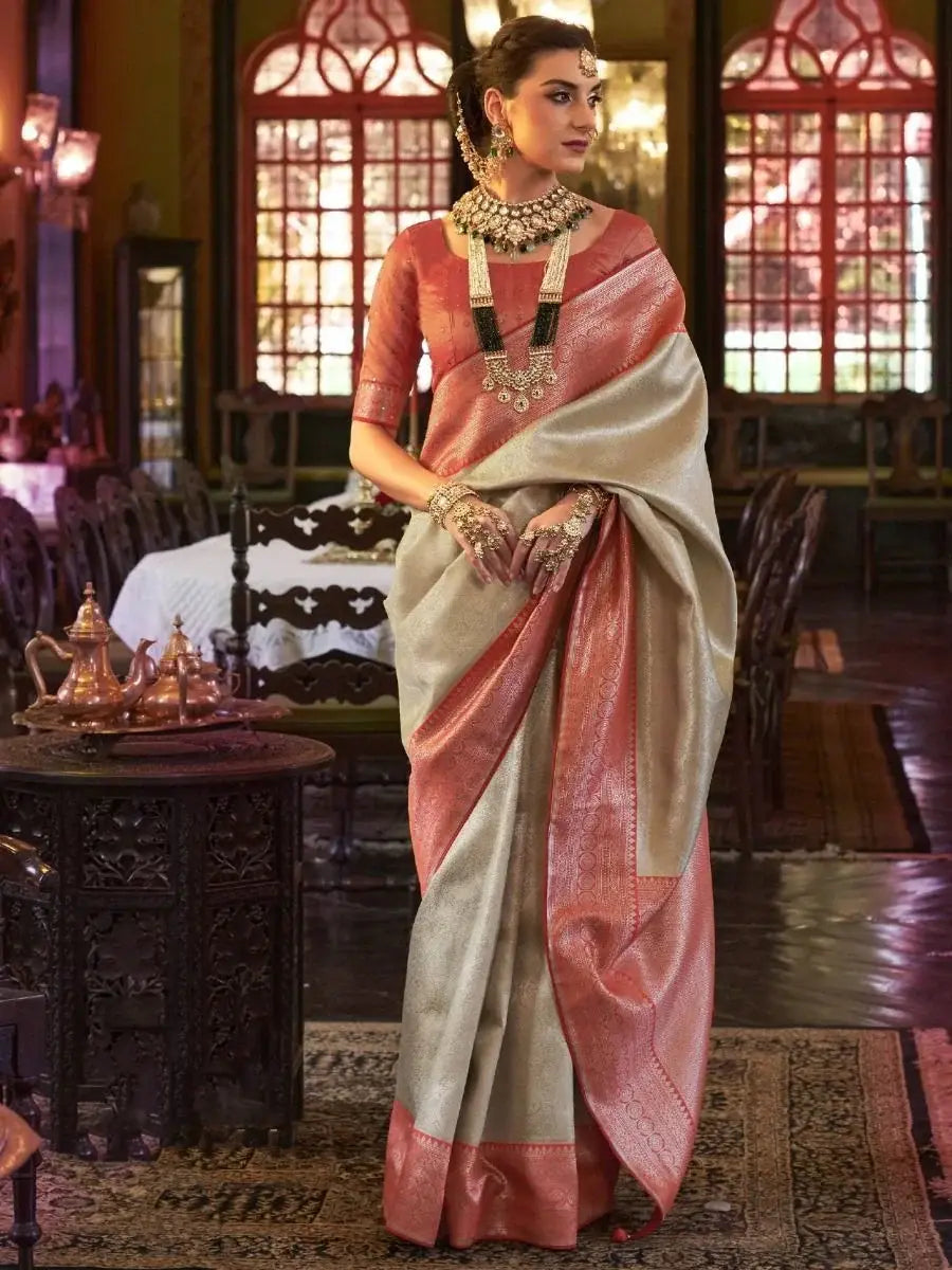 Astonishing Cream Heavy Weaving Kanjivaram Silk Wedding Wear Saree
