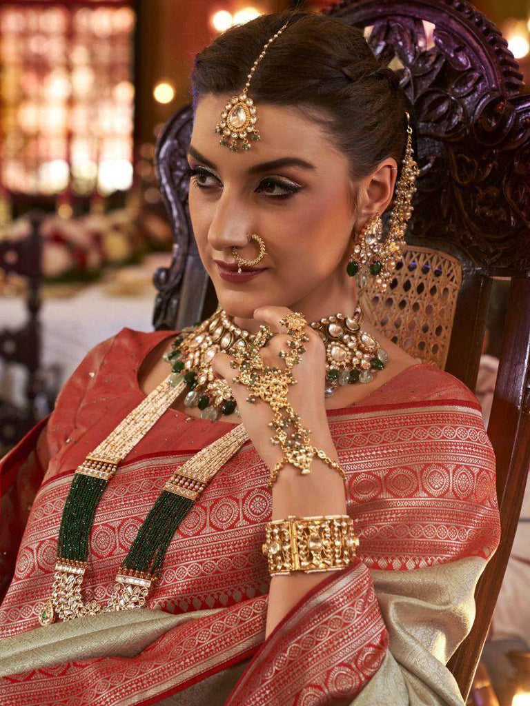 Astonishing Cream Heavy Weaving Kanjivaram Silk Wedding Wear Saree