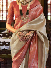 Astonishing Cream Heavy Weaving Kanjivaram Silk Wedding Wear Saree