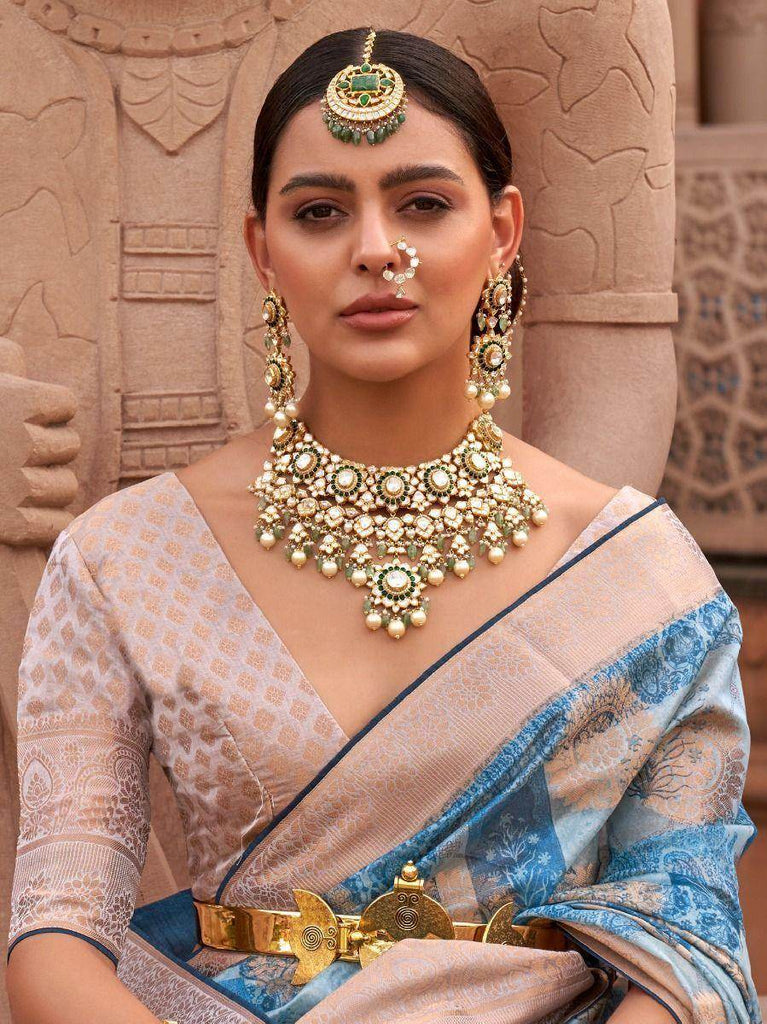 Stunning Blue Digital Print Organza Occasion Wear Saree & Blouse