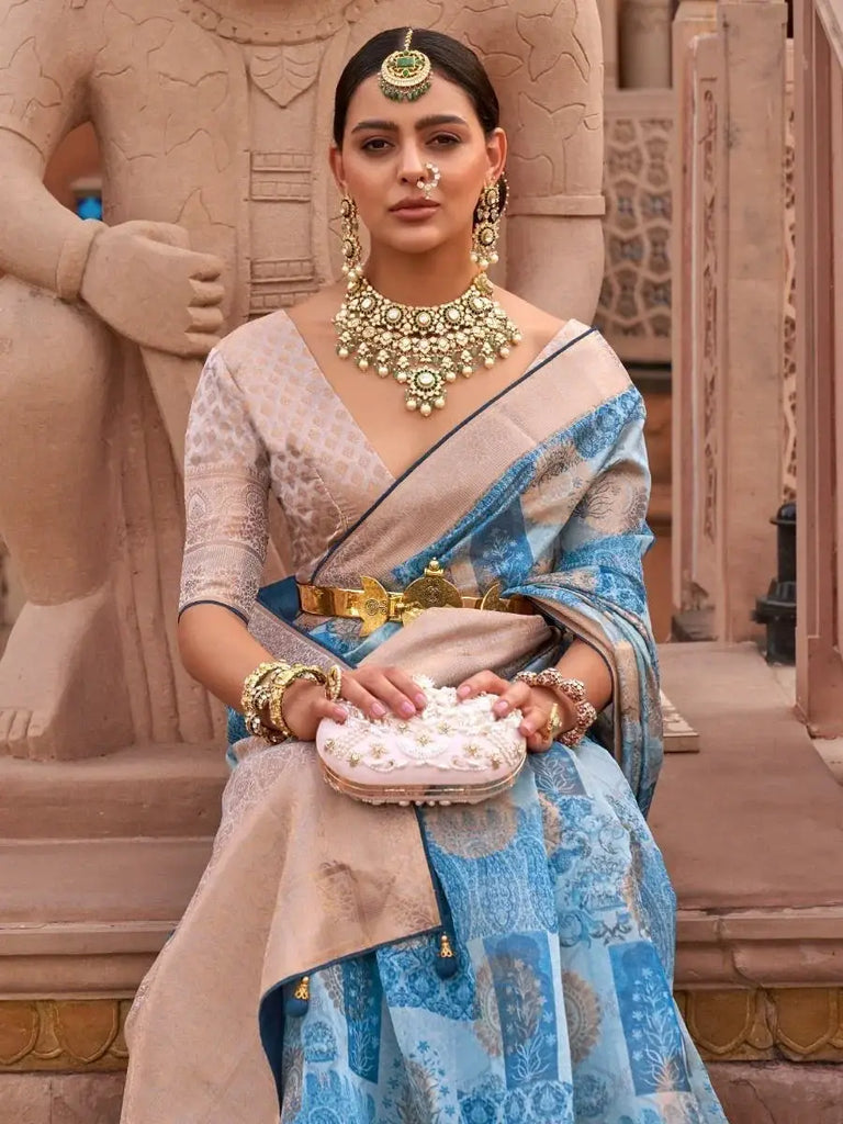 Stunning Blue Digital Print Organza Occasion Wear Saree & Blouse
