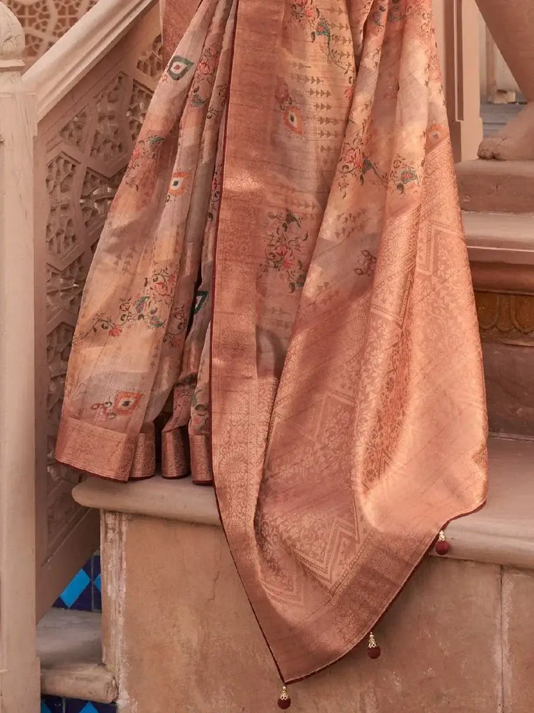 Perfect Peach Digital Print Organza Occasion Wear Saree & Blouse