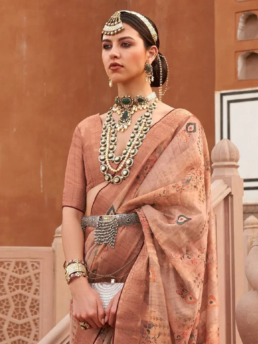 Perfect Peach Digital Print Organza Occasion Wear Saree & Blouse