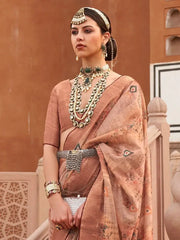 Perfect Peach Digital Print Organza Occasion Wear Saree & Blouse