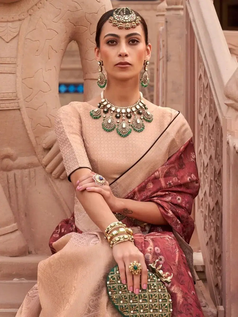 Ultimate Maroon Digital Print Organza Occasion Wear Saree & Blouse