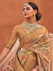 Styling Beige Digital Print Organza Occasion Wear Saree & Blouse