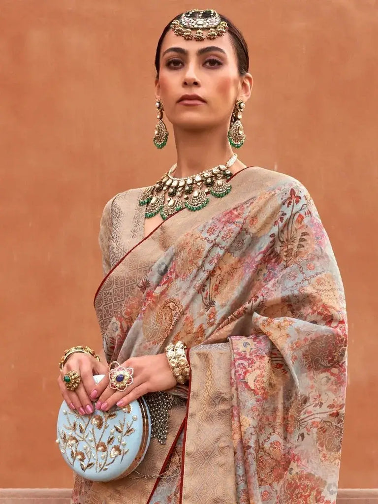 Sparkle Grey Digital Print Organza Occasion Wear Saree & Blouse