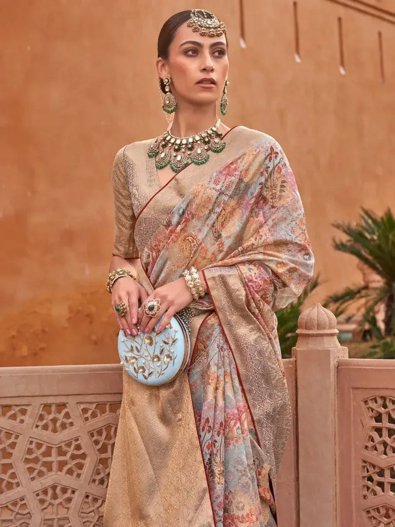 Sparkle Grey Digital Print Organza Occasion Wear Saree & Blouse