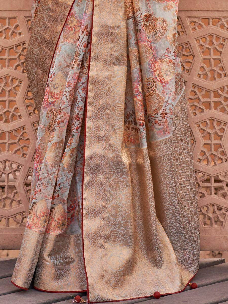 Sparkle Grey Digital Print Organza Occasion Wear Saree & Blouse