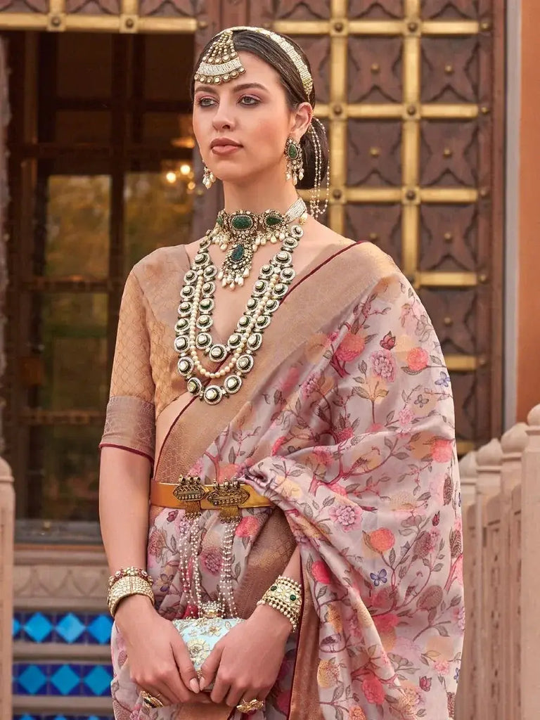Blossoming Pink Floral Printed Organza Reception Saree and Blouse