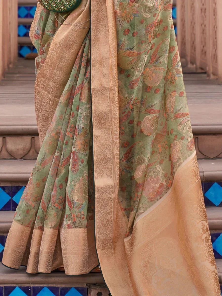 Grace Green Digital Print Organza Special Occasion Saree & Blouse