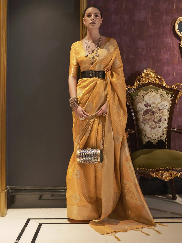 Precious Yellow Zari Weaving Silk Haldi Wear Saree With Blouse