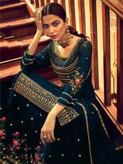 Stunning Navy Blue Embroidered Georgette Sangeet Lehenga Suits