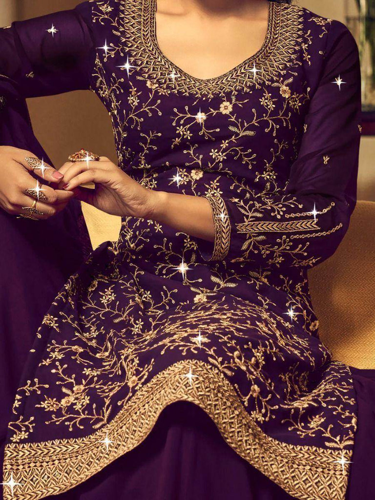 Twirling Wine Embroidered Georgette Sangeet Lehenga Suits with Dupatta
