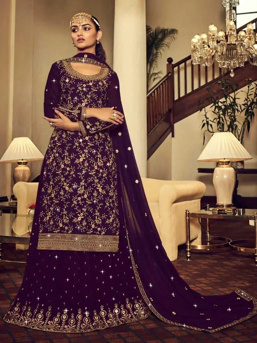 Purple embroidered salwar kameez with gold floral work, perfect for Indian ethnic wear occasions
