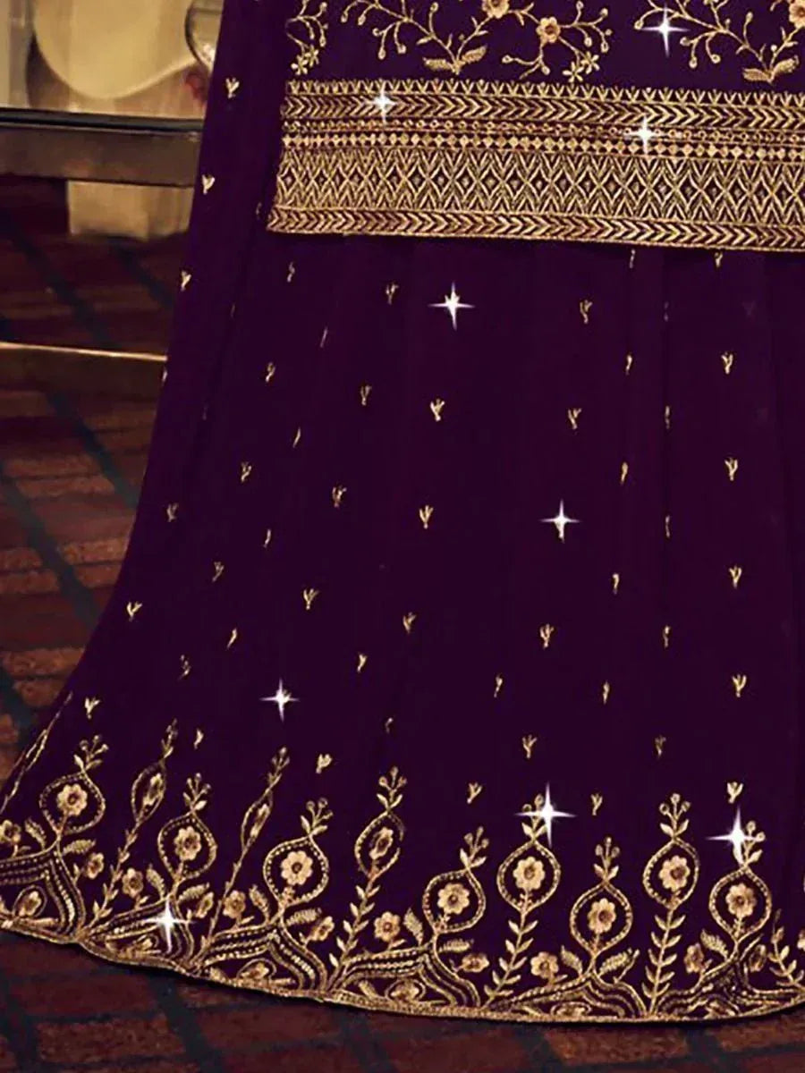 Purple lehenga with gold floral embroidery and star embellishments, Indian ethnic wear
