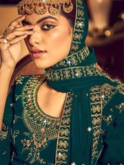Dazzling Rama Embroidered Georgette Sangeet Wear Lehenga Suits