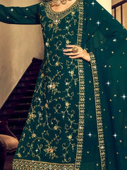 Dazzling Rama Embroidered Georgette Sangeet Wear Lehenga Suits