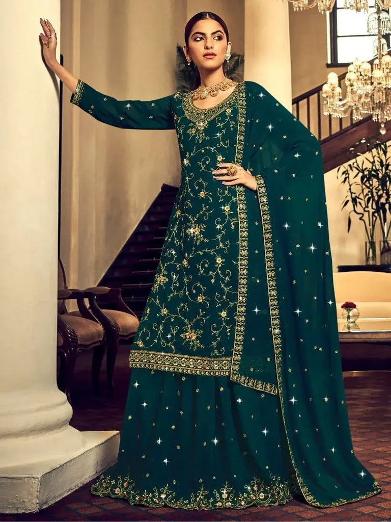Dazzling Rama Embroidered Georgette Sangeet Wear Lehenga Suits