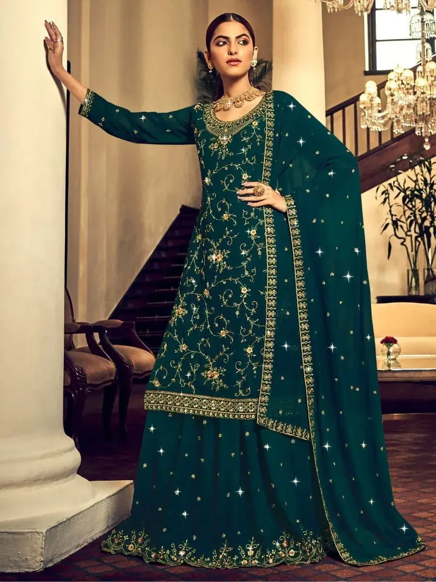 Dazzling Rama Embroidered Georgette Sangeet Wear Lehenga Suits