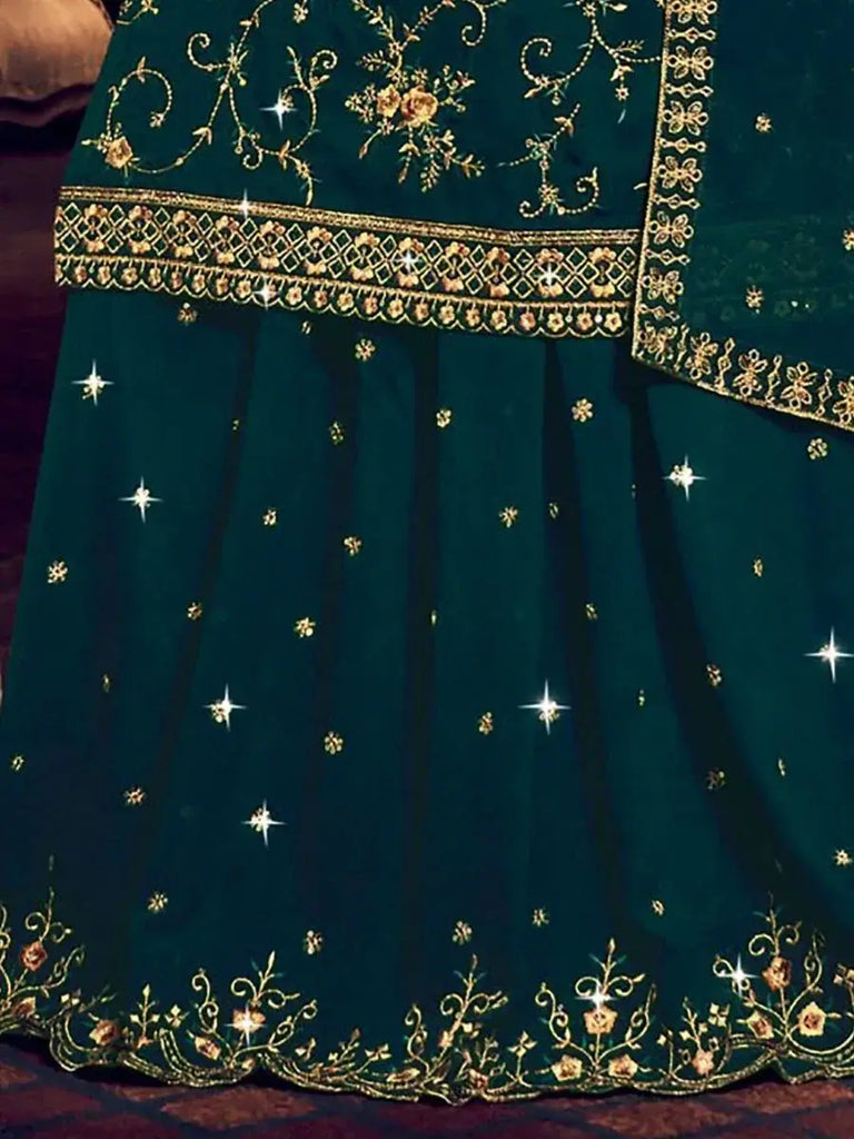 Dazzling Rama Embroidered Georgette Sangeet Wear Lehenga Suits