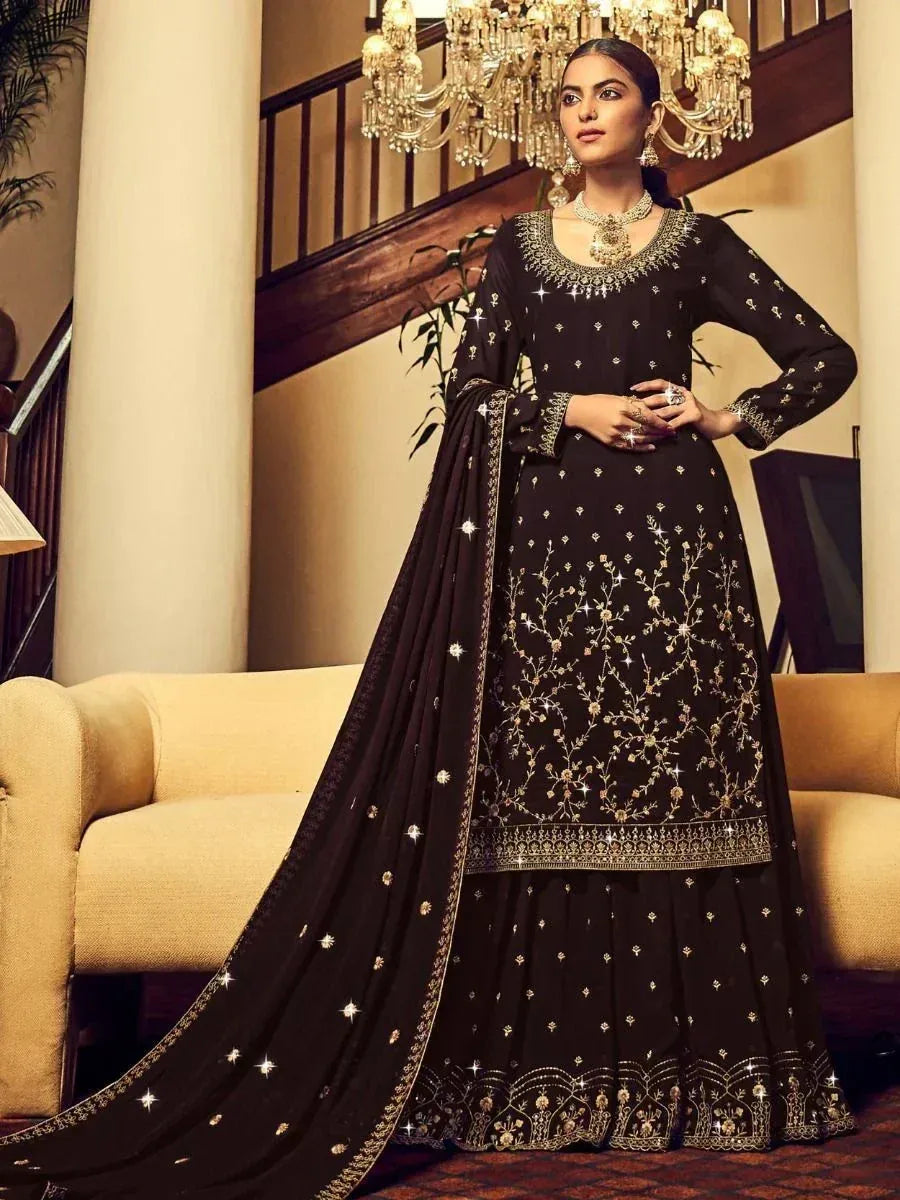 Black embroidered designer salwar kameez with gold detailing, perfect for Indian ethnic wear occasions.