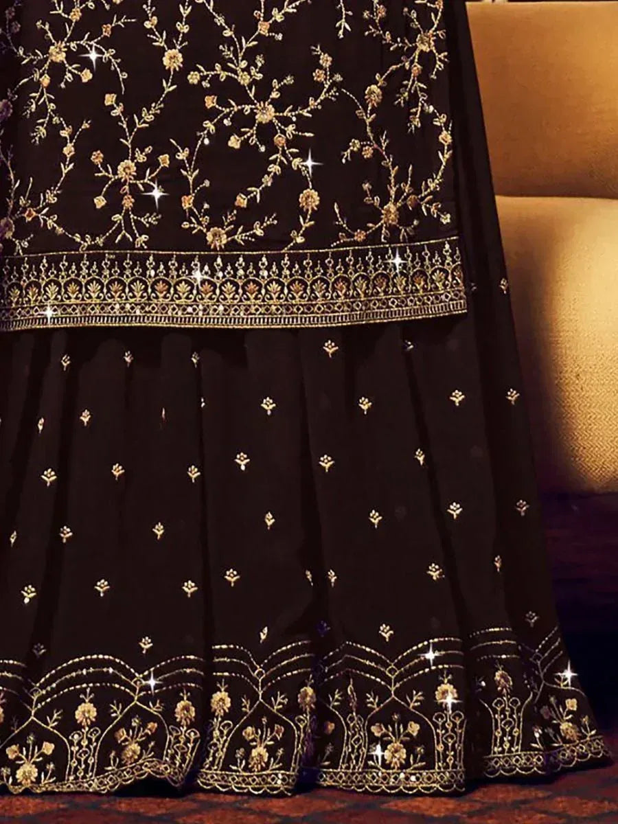 Black lehenga with gold floral embroidery and sequin detailing, elegant Indian ethnic wear
