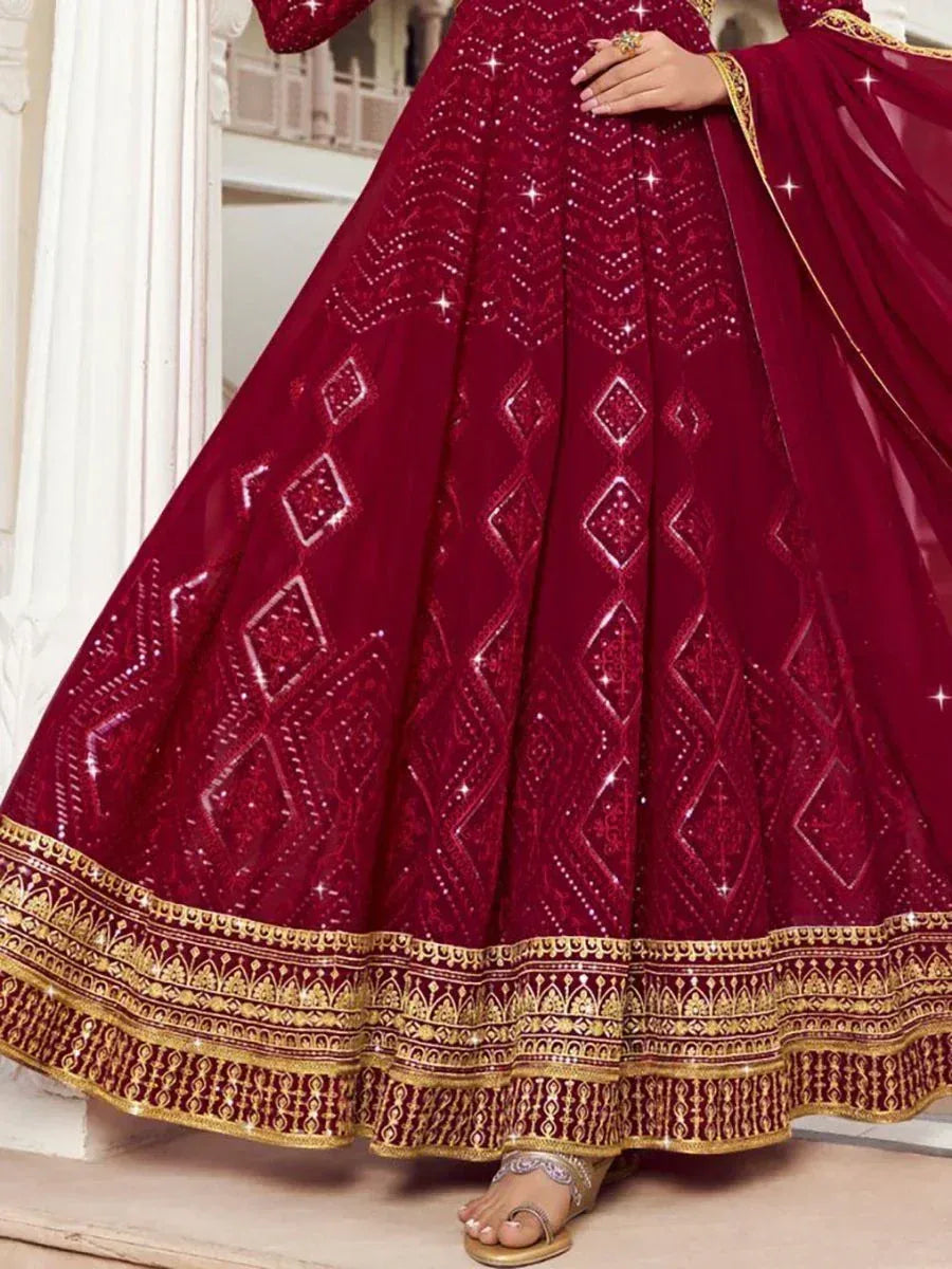 Maroon designer lehenga choli with gold embroidery and sequin work, ethnic Indian wear