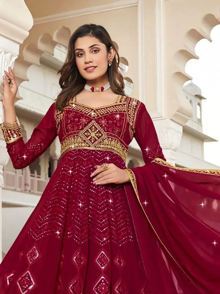 Dazzling Pink Embroidered Georgette for Every Occasion Gown