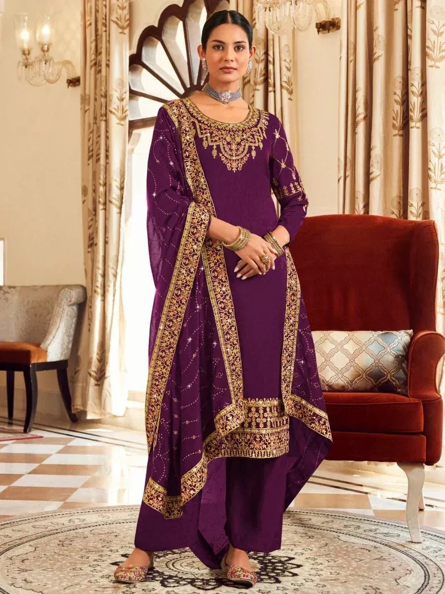 Purple designer salwar kameez with gold embroidery, ethnic wear for women