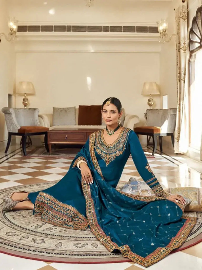 Jazz-Up Teal Blue Embroidered Vichitra Festive Look Pakistani Suits