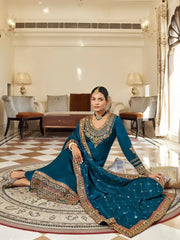 Jazz-Up Teal Blue Embroidered Vichitra Festive Look Pakistani Suits