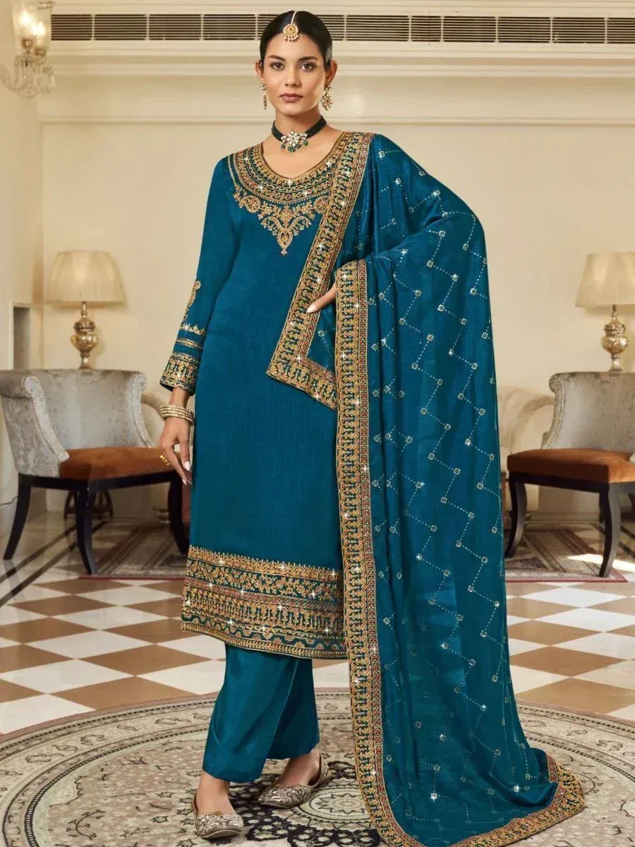 Teal designer salwar kameez with gold embroidery and matching dupatta, ethnic Indian wear