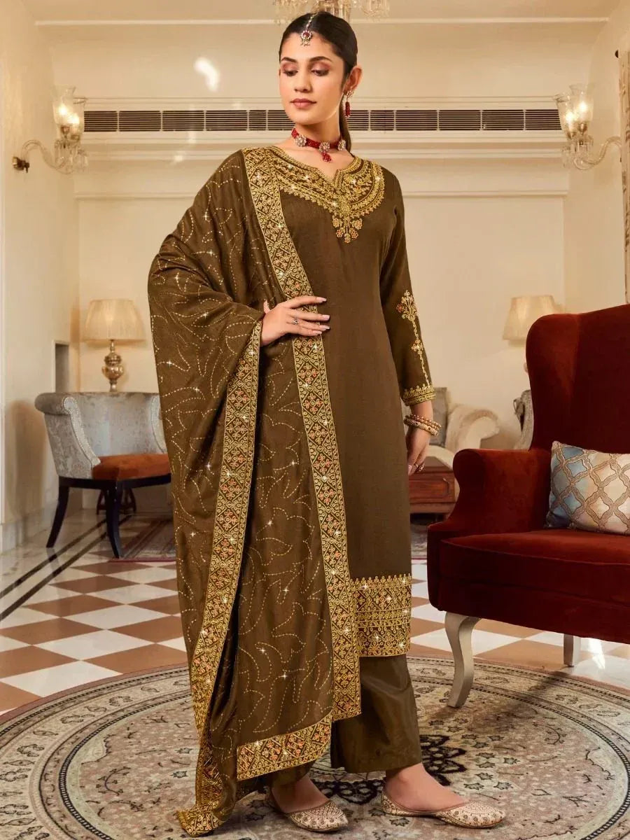 Elegant olive green salwar kameez with gold embroidery, perfect for Indian ethnic wear occasions.