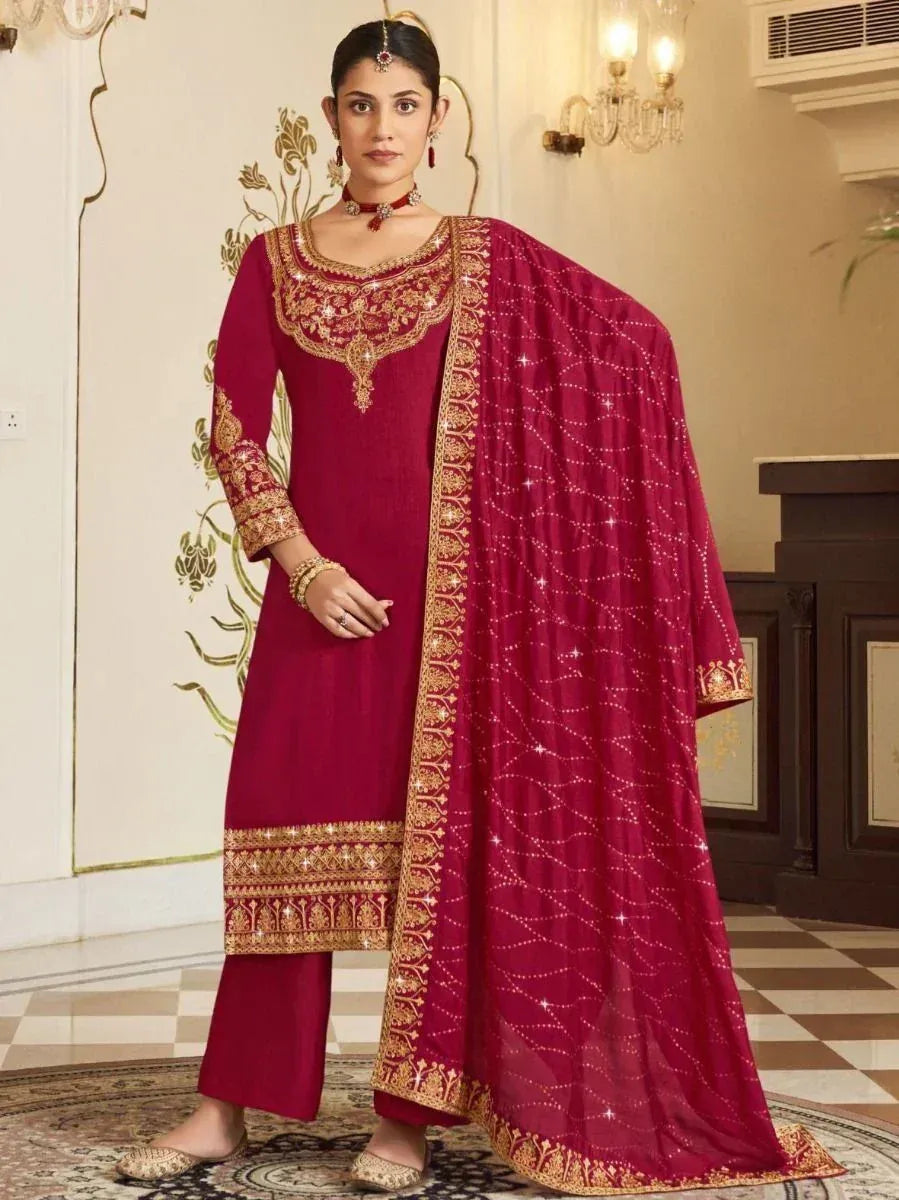 Maroon designer salwar kameez with gold embroidery and sequin dupatta, ethnic Indian wear