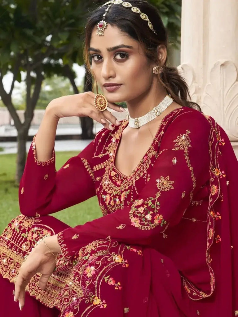 Stunning Pink Embroidered Georgette Occasion Wear Sharara Suits