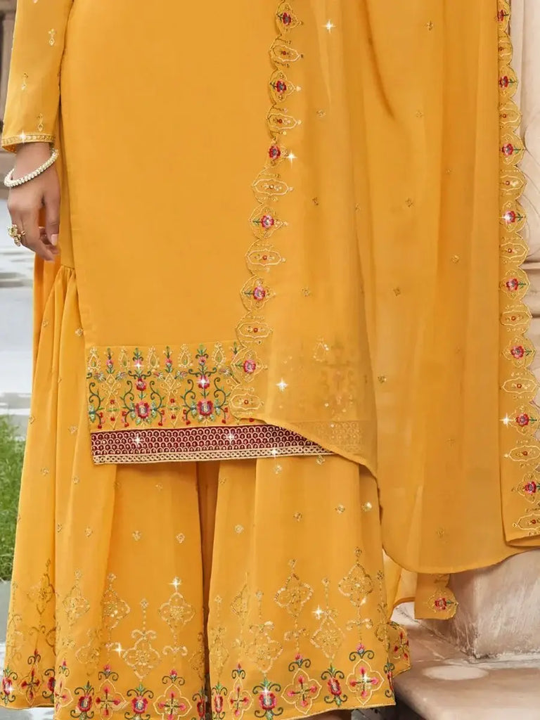 Glamorous Yellow Embroidered Georgette Wedding Wear Sharara Suits