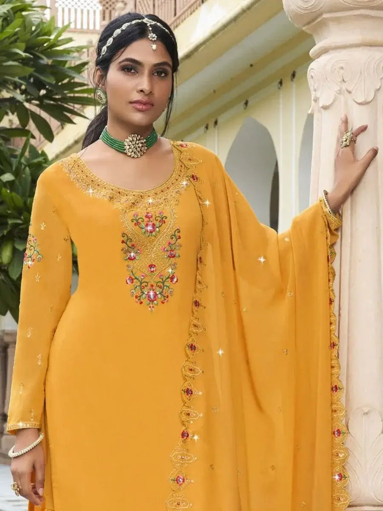 Glamorous Yellow Embroidered Georgette Wedding Wear Sharara Suits