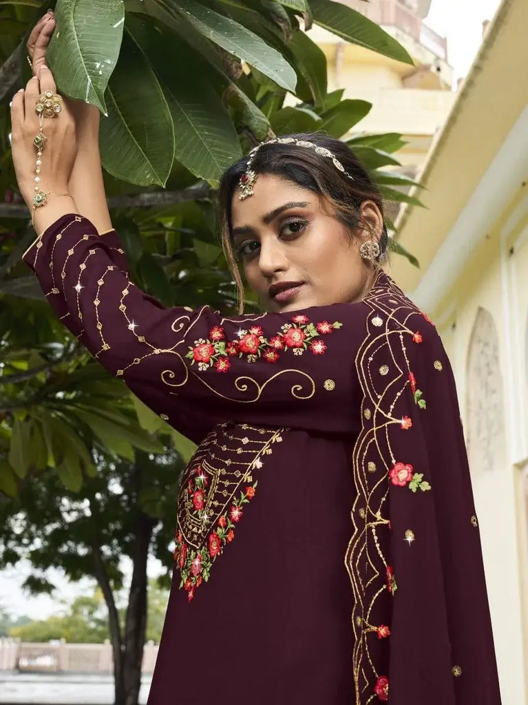 Fabulous Wine Embroidered Georgette Occasion Wear Sharara Suits