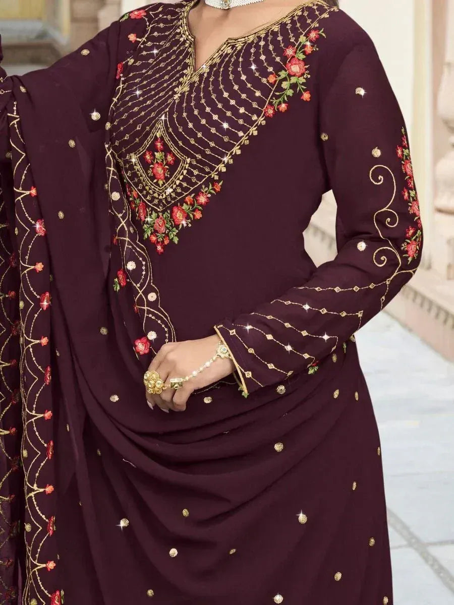 Maroon salwar kameez with gold embroidery and floral detailing, Indian ethnic wear